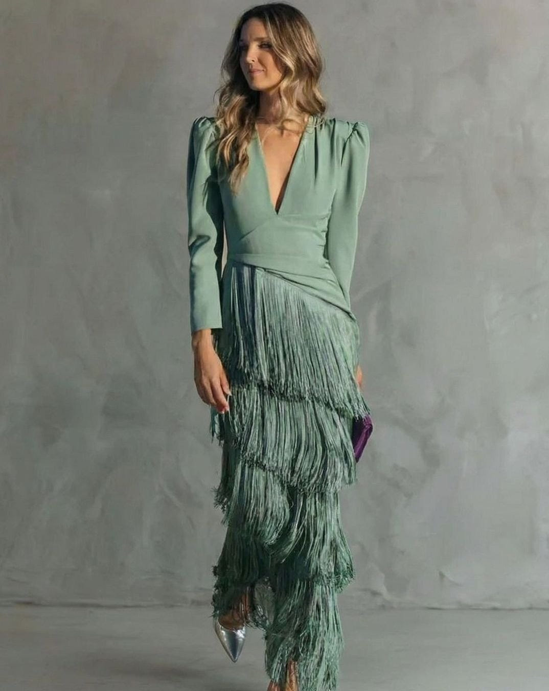 Women's Tiered Fringe Party Dress – Deep V-Neck, alternative view