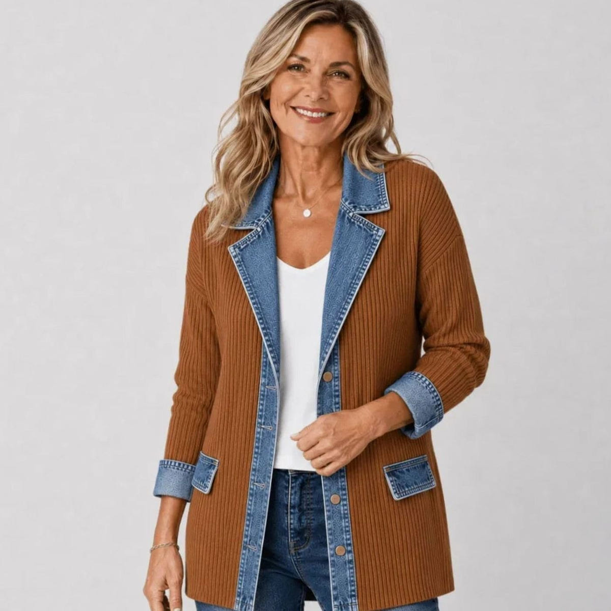 Women's Denim-Trim Knit Jacket – Oversized Fit in Brown