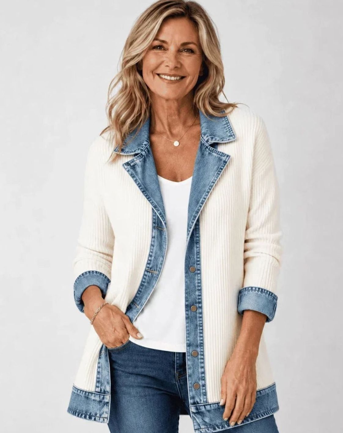 Women's Denim-Trim Knit Jacket – Oversized Fit in White