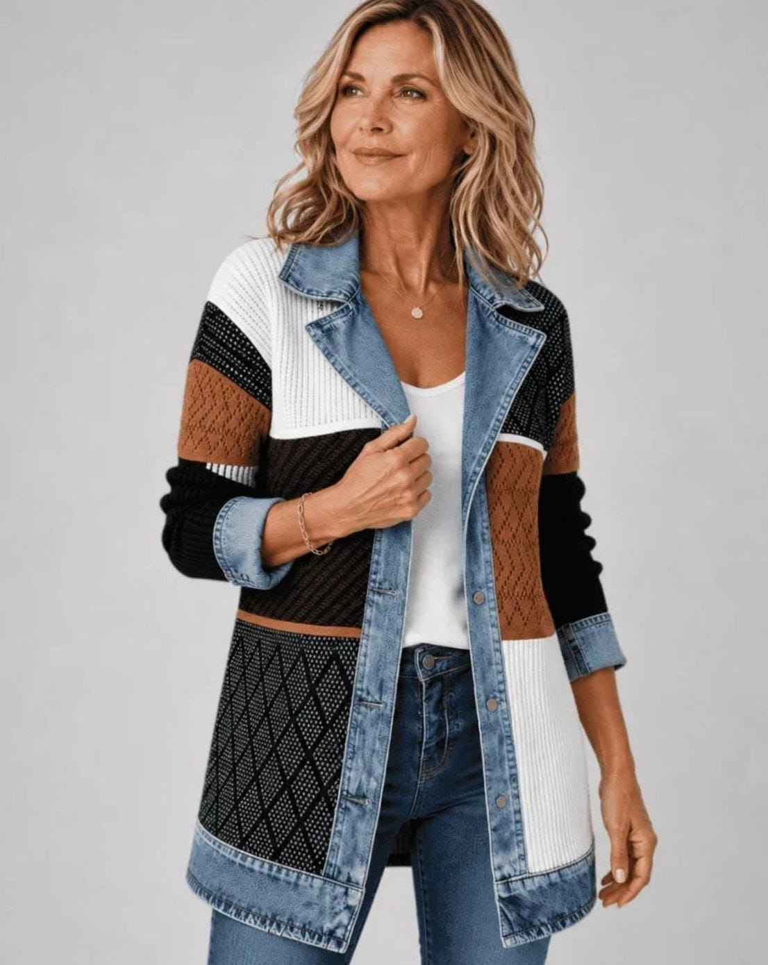 Women's Denim-Trim Knit Jacket – Oversized Fit in Black/White/Brown
