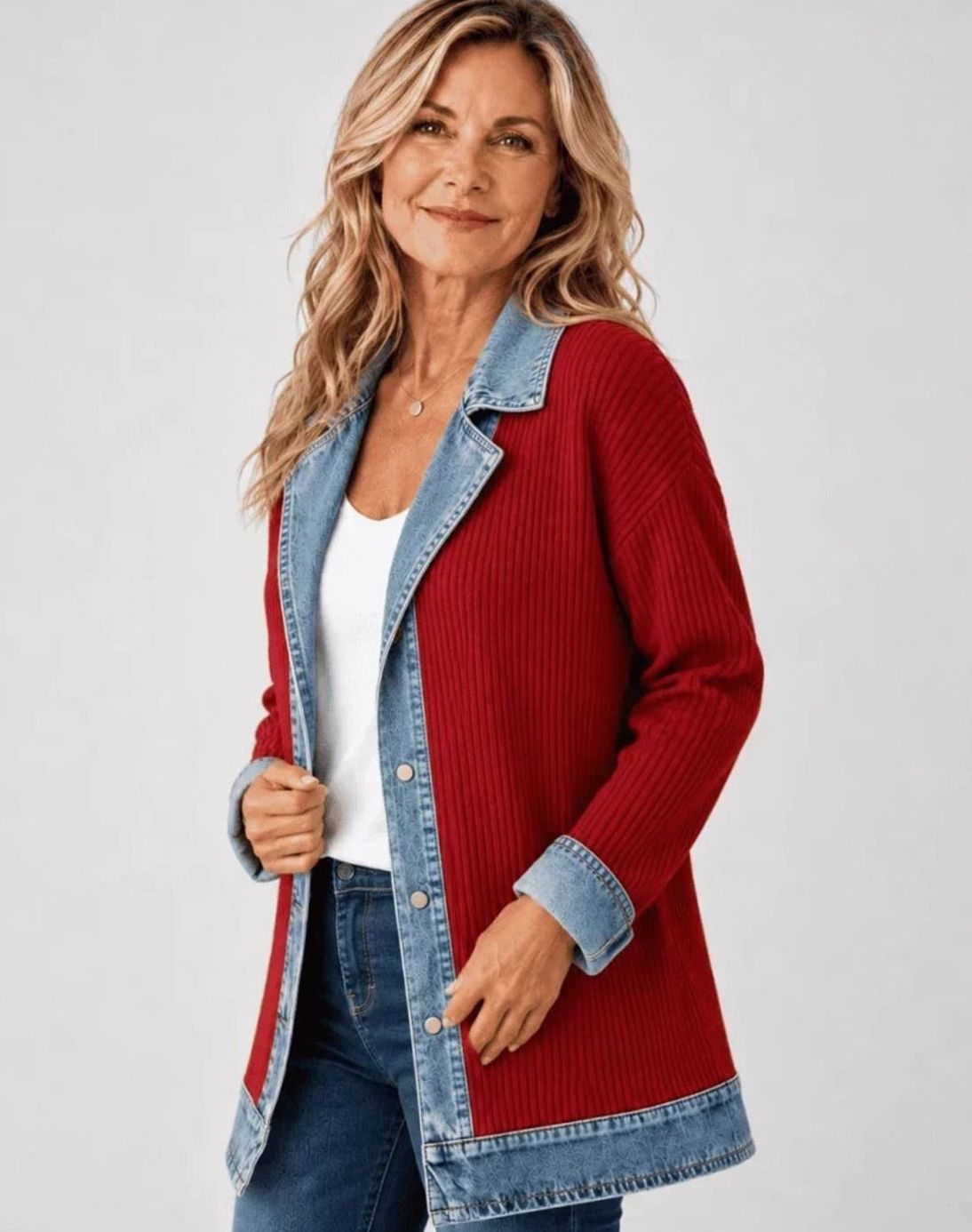 Women's Denim-Trim Knit Jacket – Oversized Fit in Red