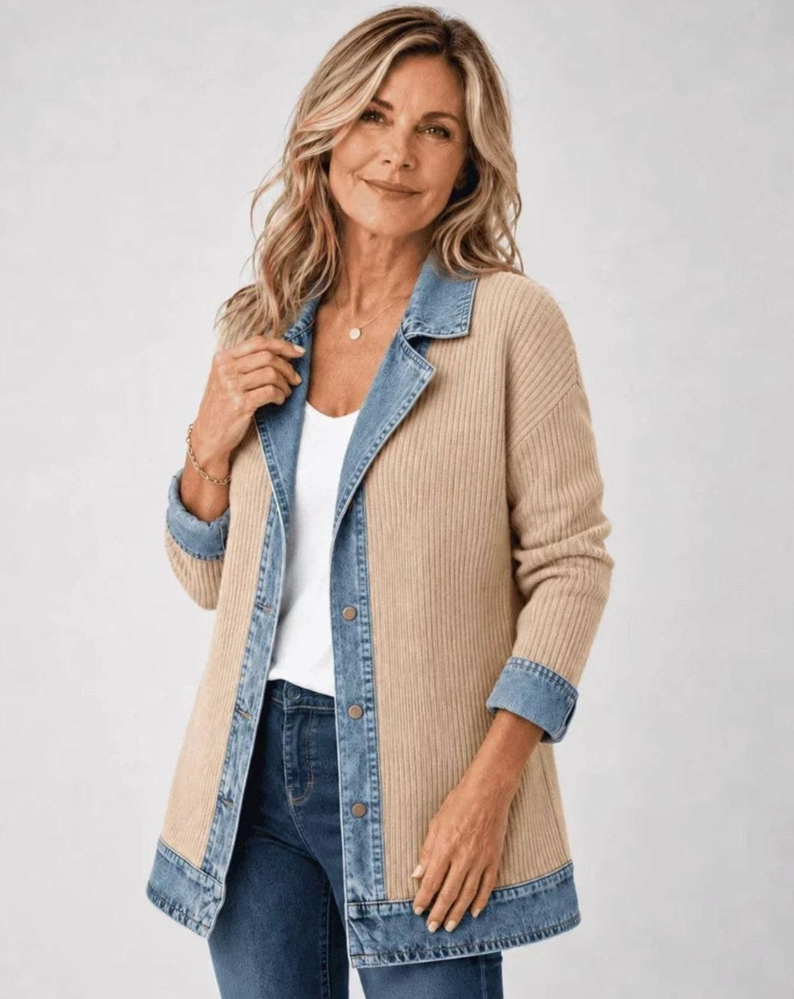 Women's Denim-Trim Knit Jacket – Oversized Fit in Khaki