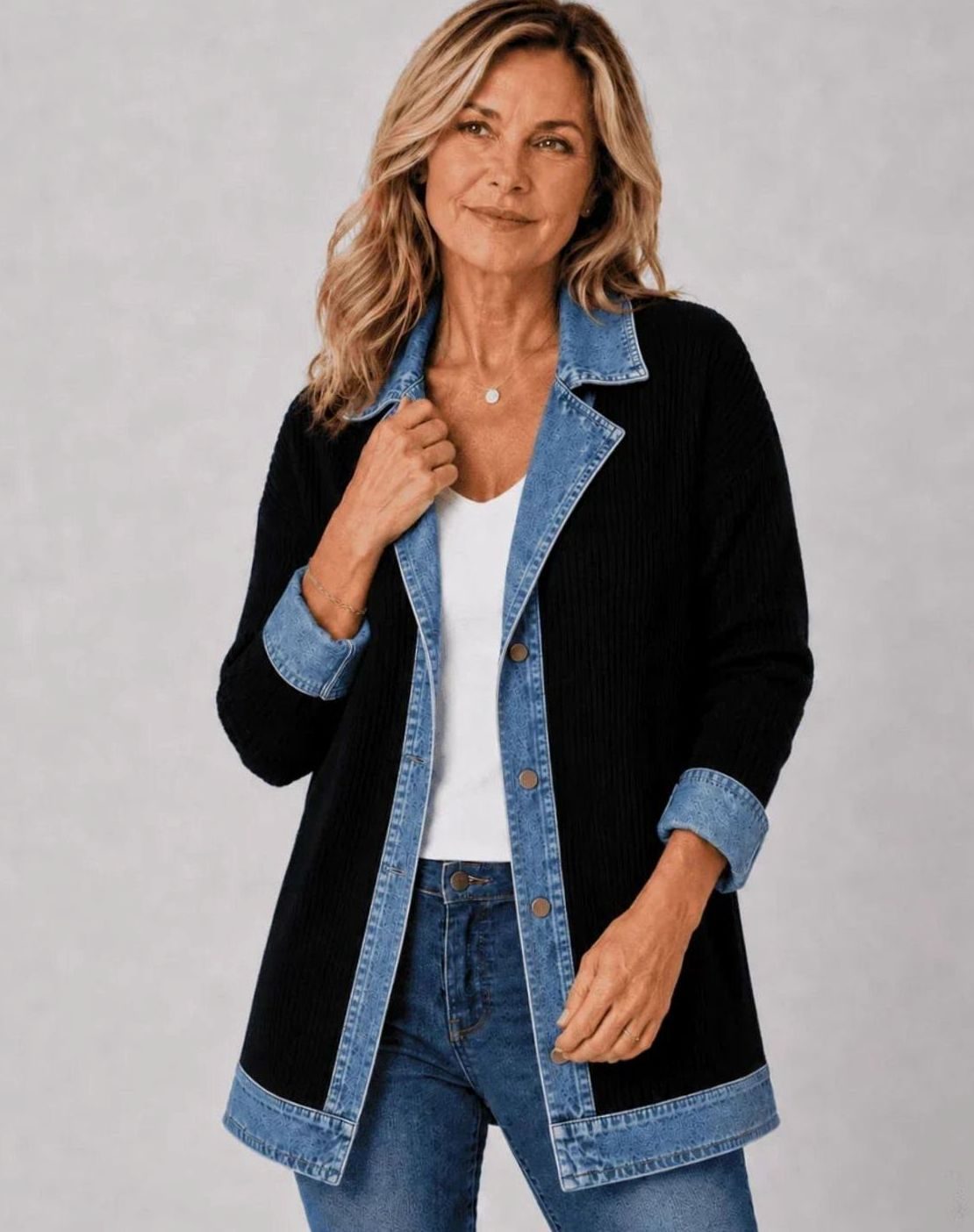 Women's Denim-Trim Knit Jacket – Oversized Fit in Black