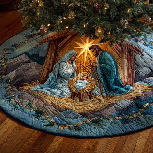 Quilted Christmas Tree Skirt – Star of Bethlehem Nativity, Blue