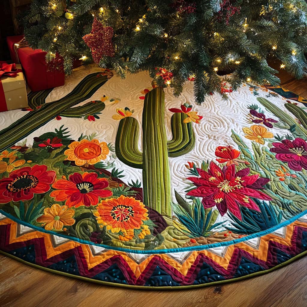 Quilted Christmas Tree Skirt – Saguaro Cactus Print, Zigzag Border in Cream