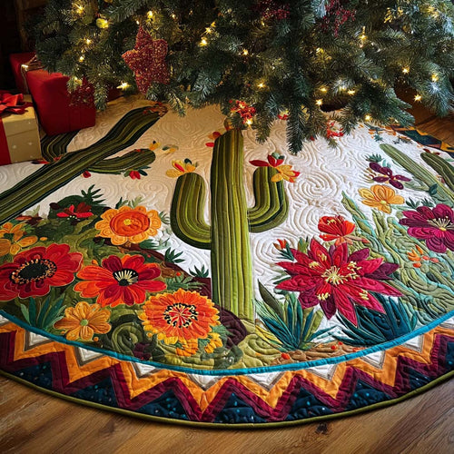 Quilted Christmas Tree Skirt – Saguaro Cactus Print, Zigzag Border in Cream