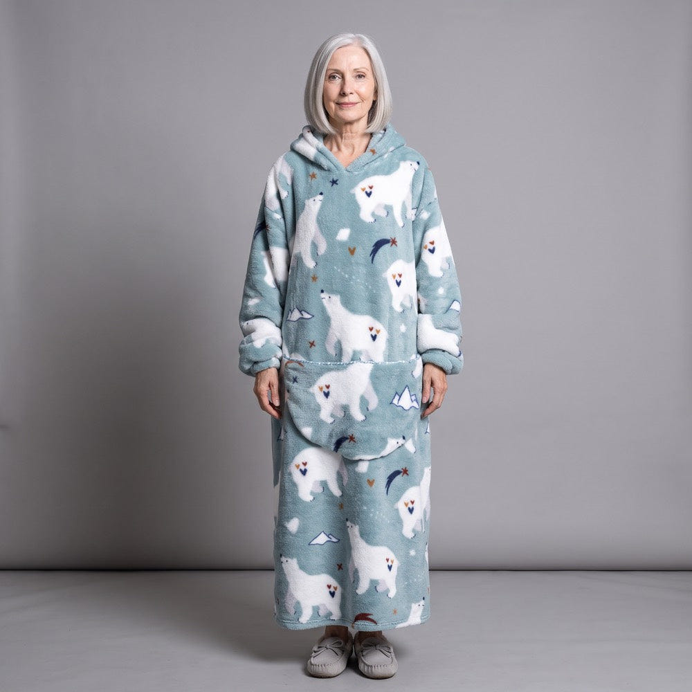 Women's Sherpa Fleece Blanket Hoodie – Polar Bear Print, Light Blue, alternative view