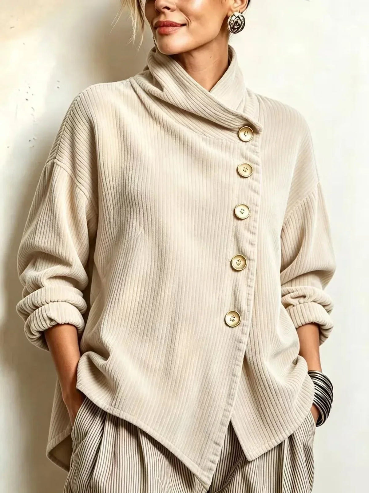 Women's Corduroy Shirt – Diagonal Button Front, Cream