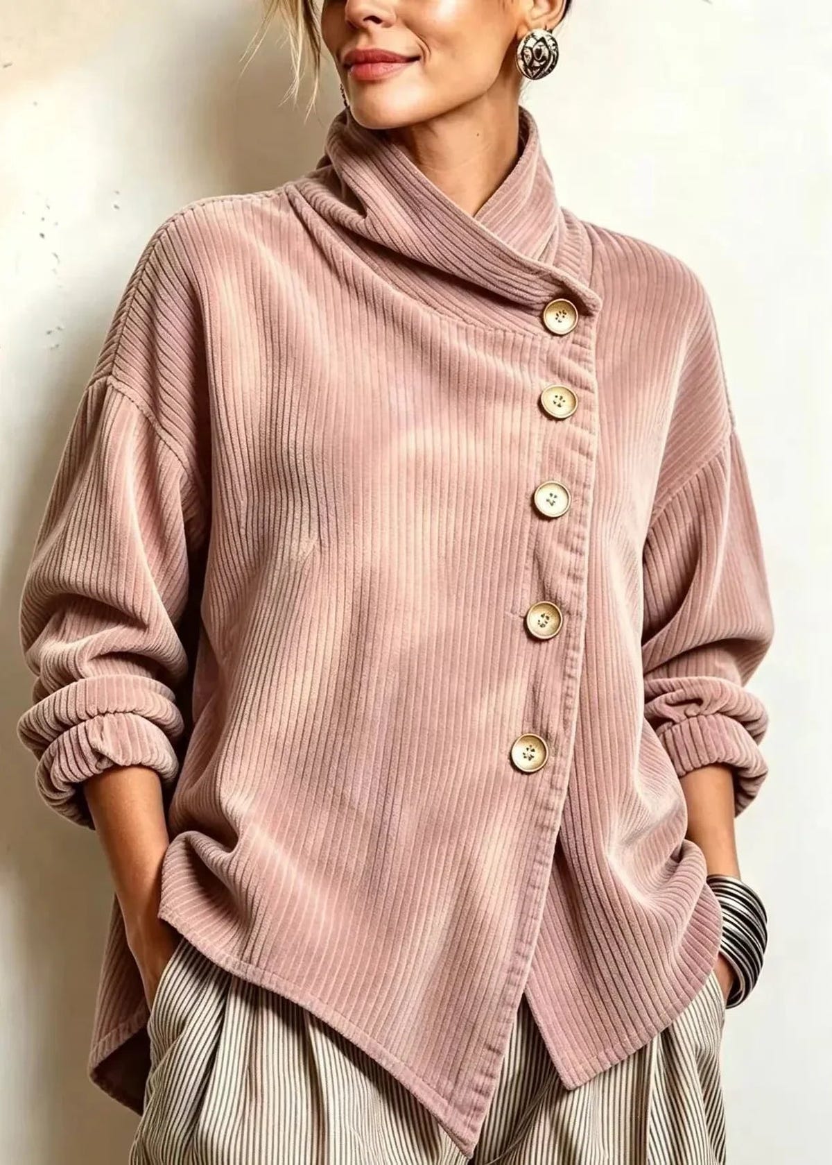 Women's Corduroy Shirt – Diagonal Button Front, Dusty Rose