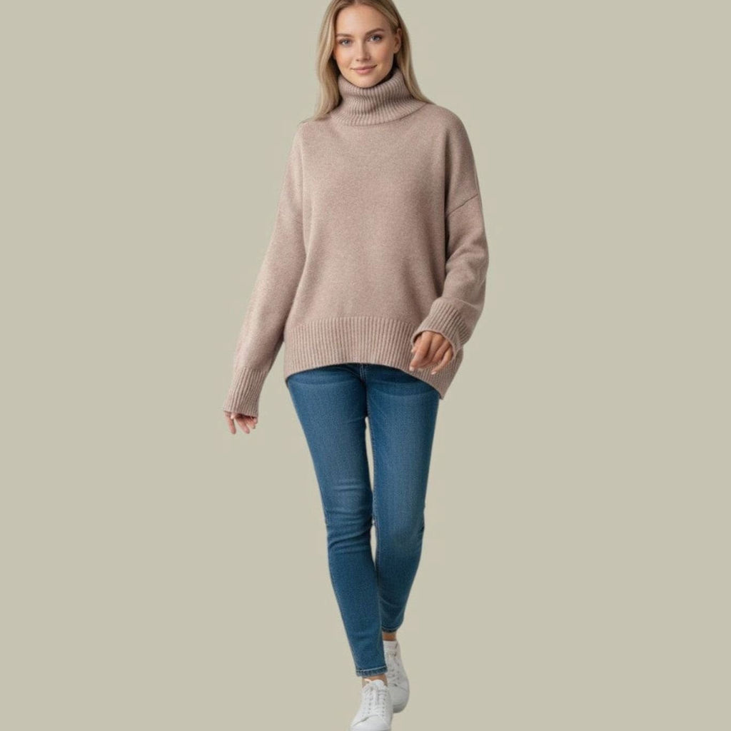 Women's Ribbed Turtleneck Sweater – Relaxed Boxy Fit in Beige