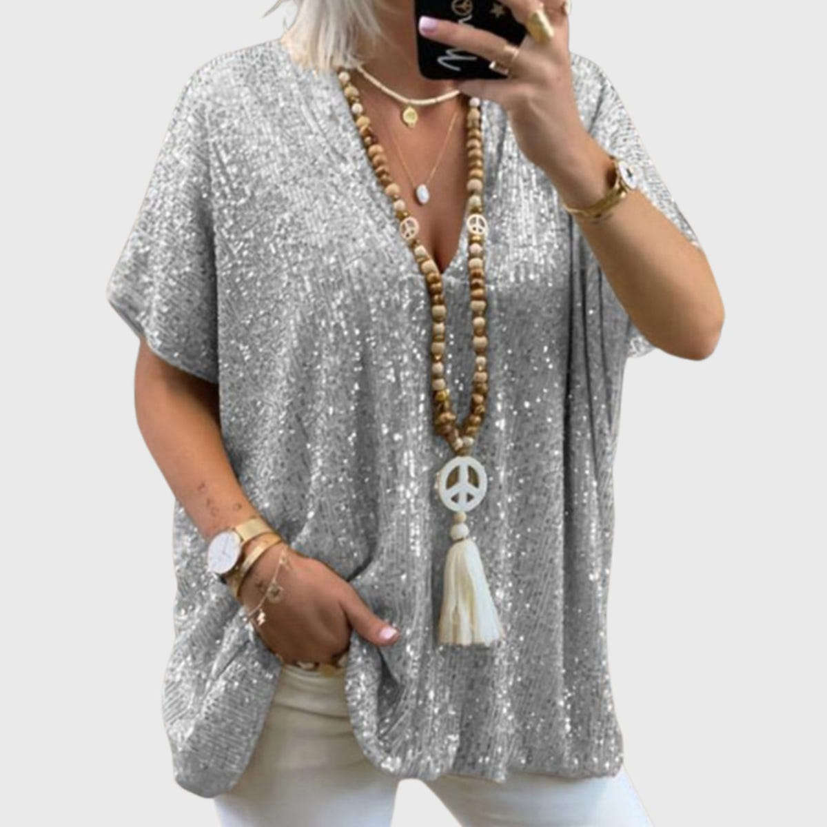 Women's Sequin V-Neck Top – Relaxed Drape in Silver