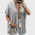 Women's Sequin V-Neck Top – Relaxed Drape in Silver