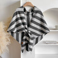 Women's Tie Front Shawl Wrap – Gray and White Stripes in Gray / White