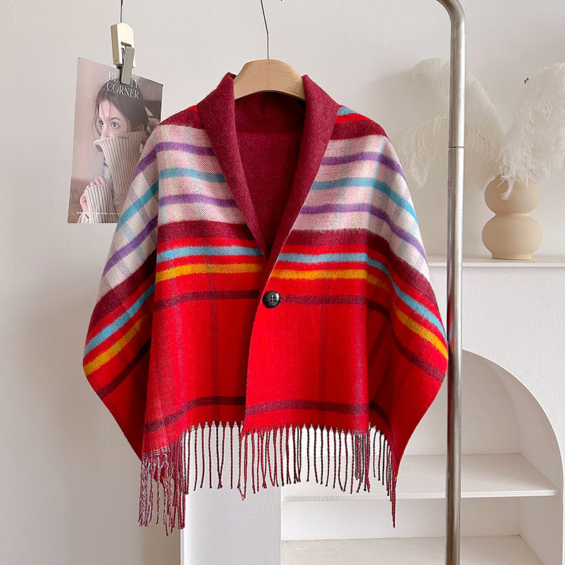 Women's Tassel Poncho Cape – Red and Pastel Stripes