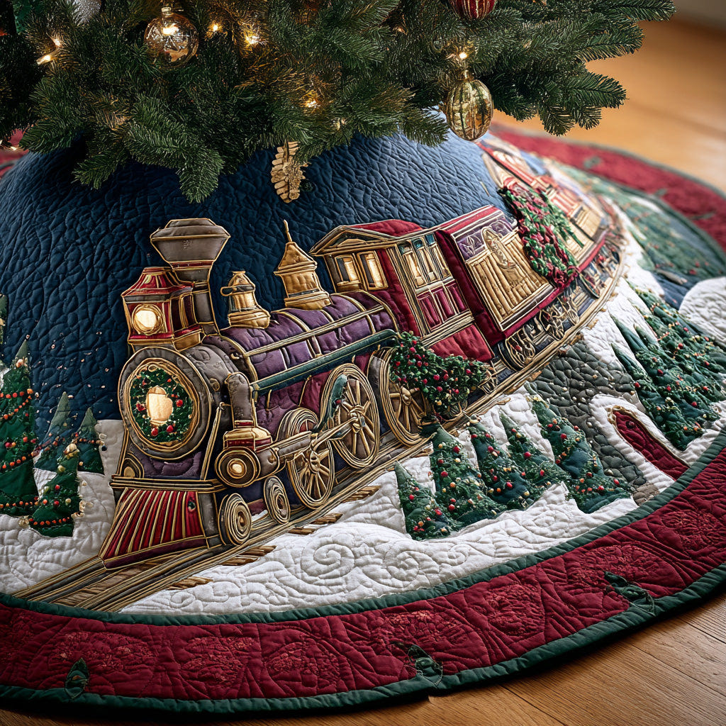 Quilted Christmas Tree Skirt – Steam Train Print, Navy