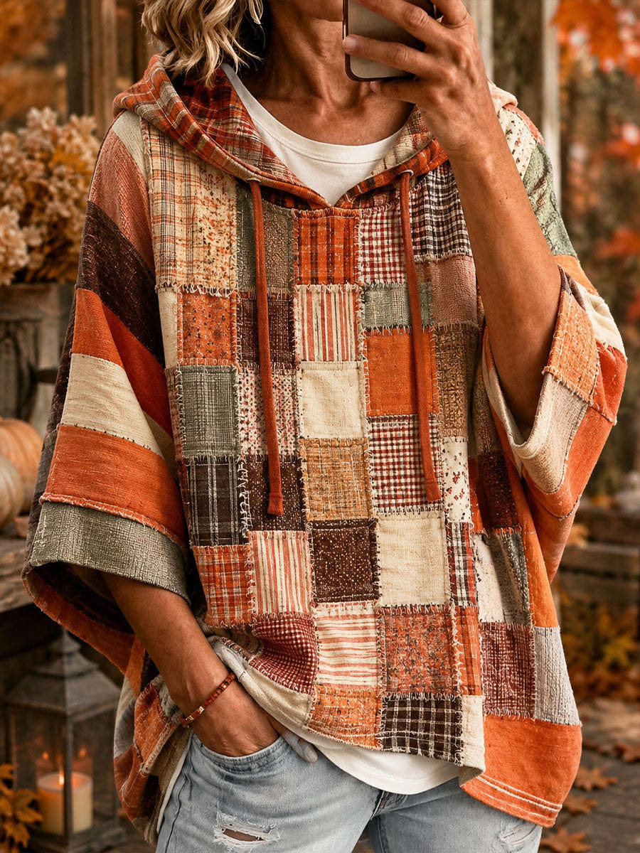 Women's Oversized Hoodie – Small Check Patchwork Print in Rust/Cream/Brown