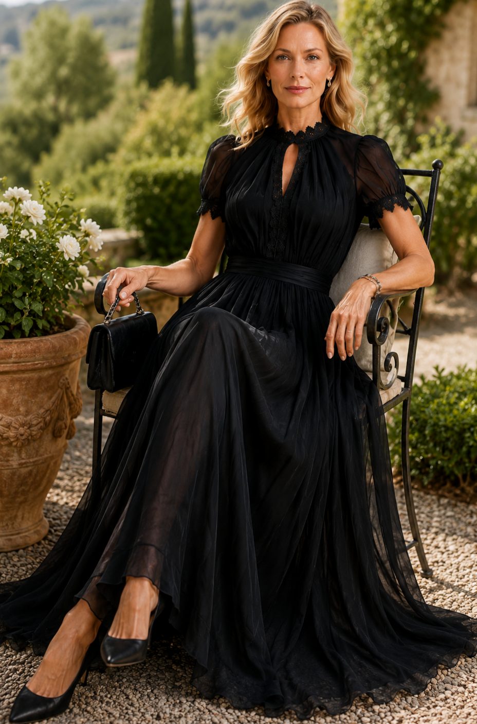 Women's Black Maxi Evening Dress – Keyhole Neckline in Black, alternative view