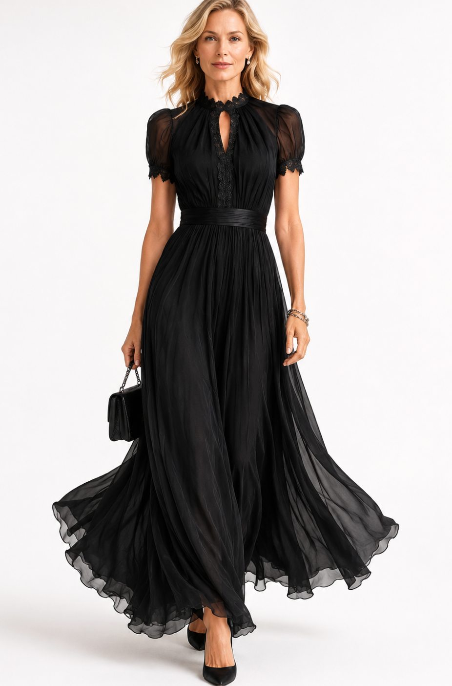 Women's Black Maxi Evening Dress – Keyhole Neckline in Black