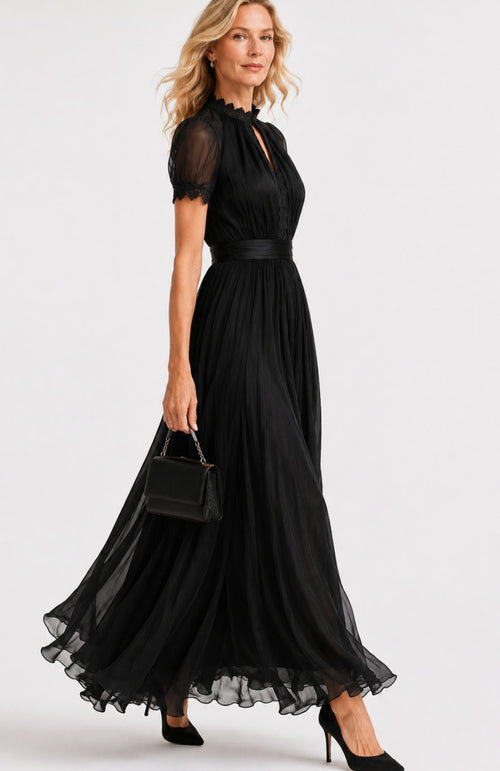 Women's Black Maxi Evening Dress – Keyhole Neckline in Black, alternative view