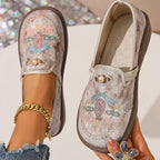 Women's Floral Embroidered Flats – Pearl-Style Accent in Beige
