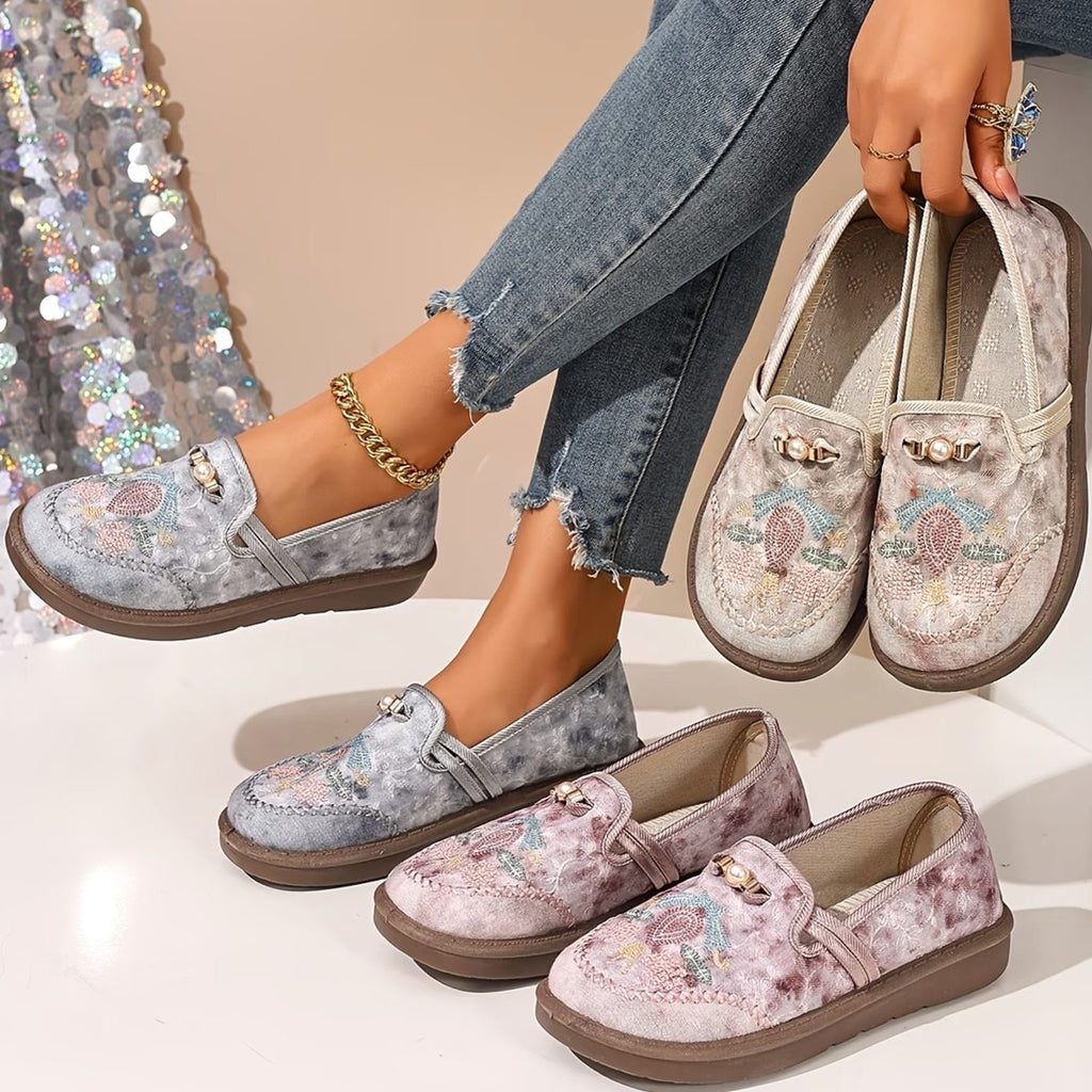 Women's Floral Embroidered Flats – Pearl-Style Accent, alternative view