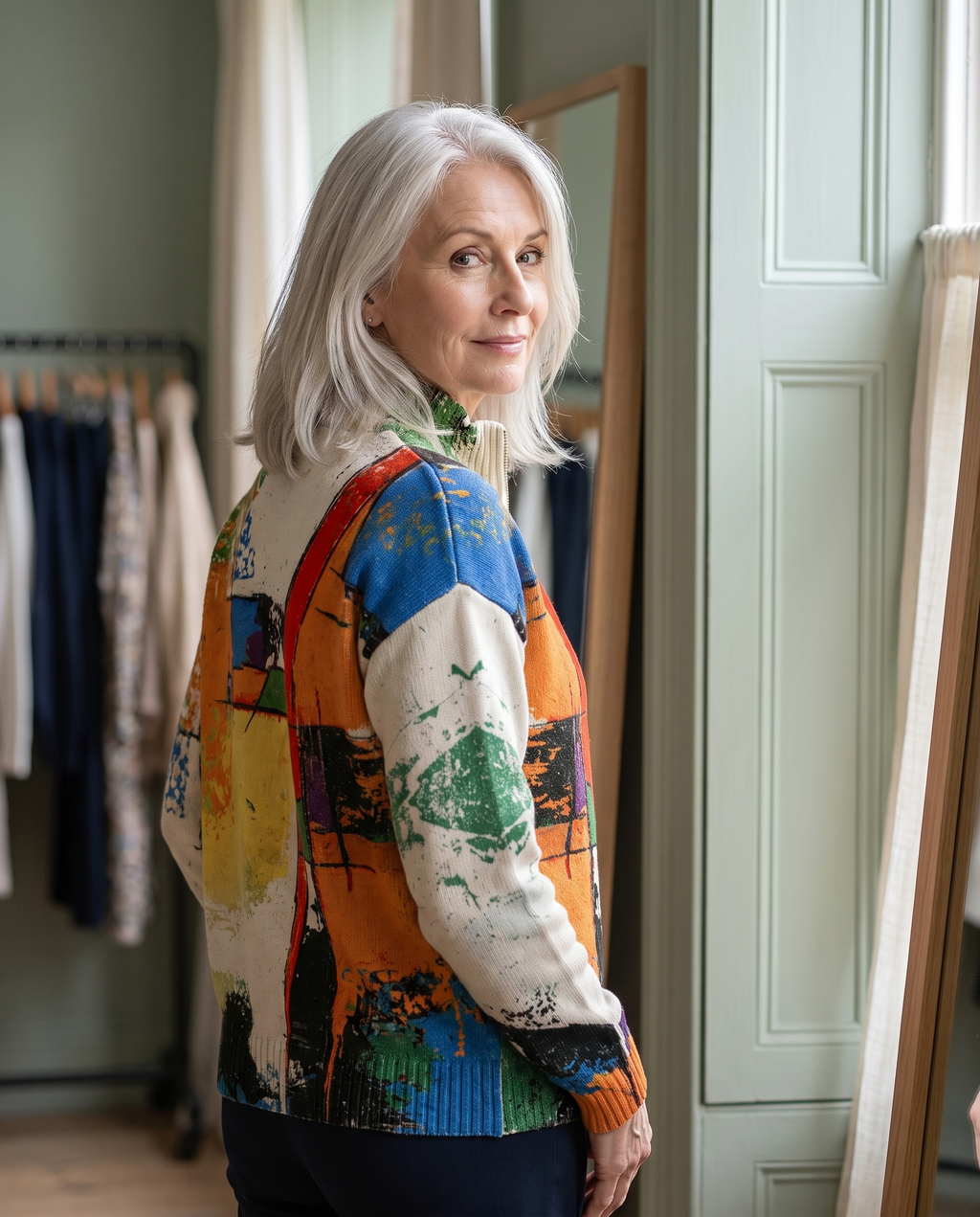 Women's Zip-Up Cardigan – Multicolor Abstract Block Print, alternative view