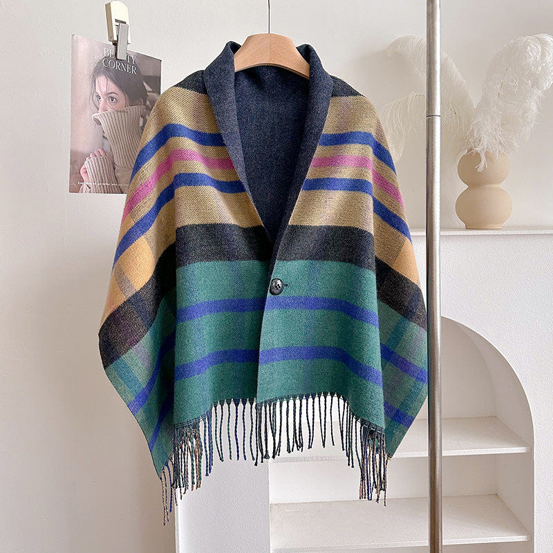 Women's Tassel Poncho Cape – Multicolor Tartan
