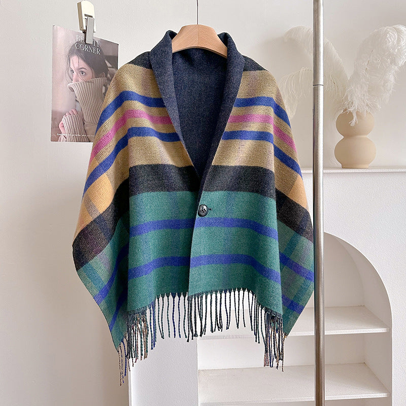 Women's Tassel Poncho Cape – Multicolor Tartan