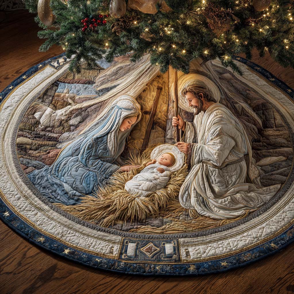 Quilted Christmas Tree Skirt – Framed Nativity Print, Cream and Navy