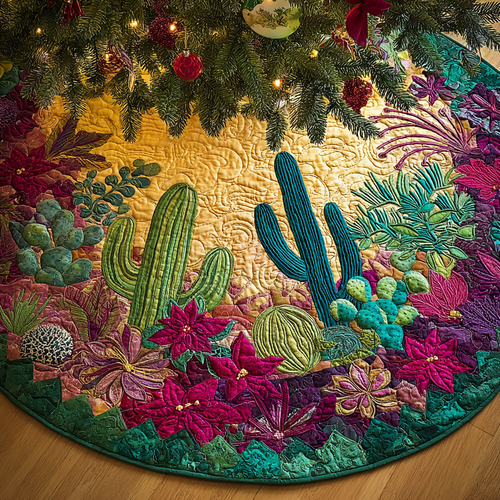 Quilted Christmas Tree Skirt – Cactus Garden Print, Gold