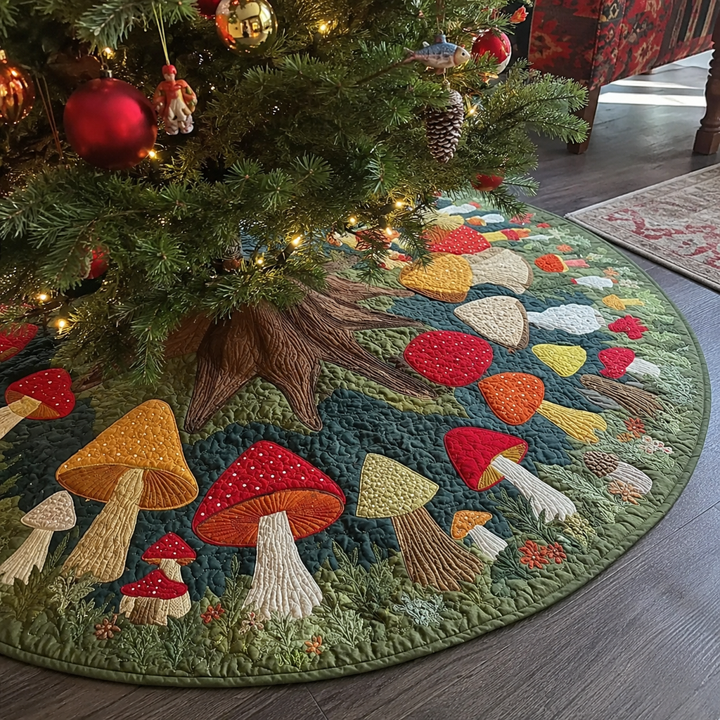 Quilted Christmas Tree Skirt – Mushroom Meadow Print, Deep Teal in Green, alternative view