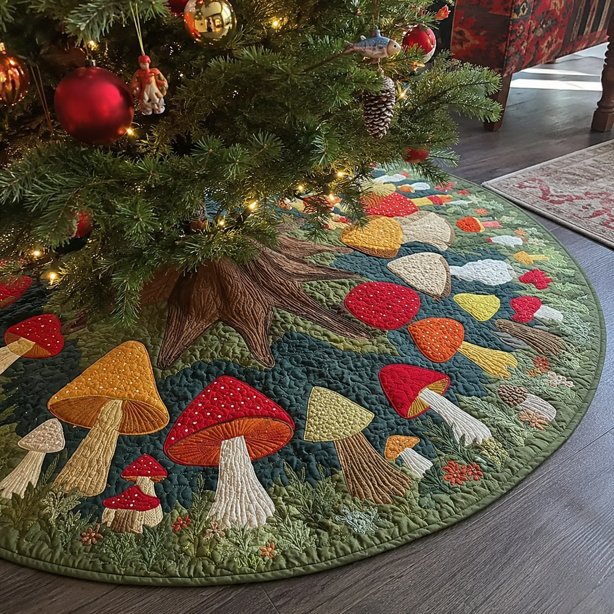 Quilted Christmas Tree Skirt – Mushroom Meadow Print, Deep Teal in Green, alternative view