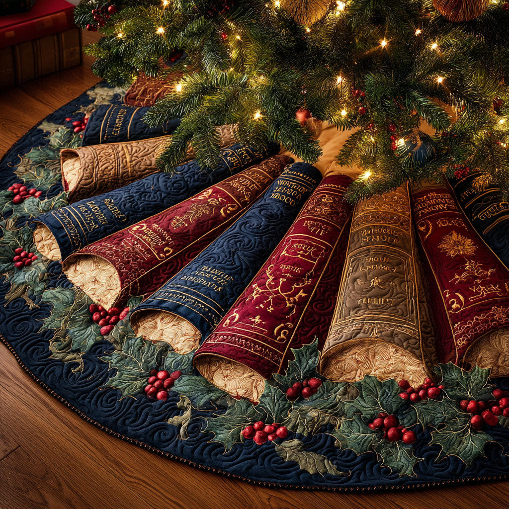 Quilted Christmas Tree Skirt – Vintage Books and Holly, Navy