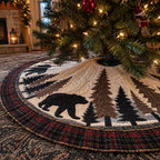 Quilted Christmas Tree Skirt – Bear and Pine Print, Cream Check, alternative view