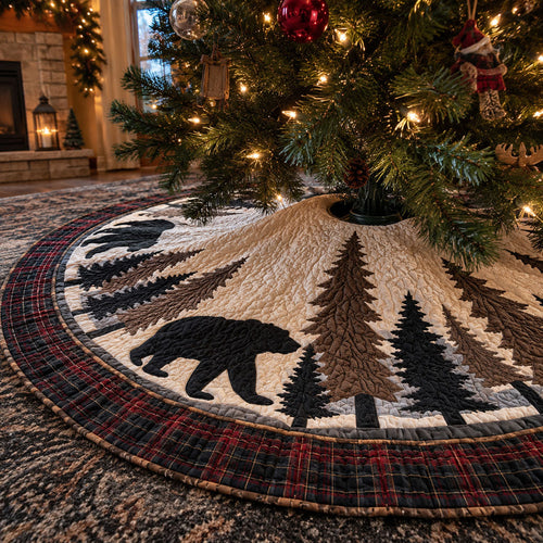 Quilted Christmas Tree Skirt – Bear and Pine Print, Cream Check, alternative view