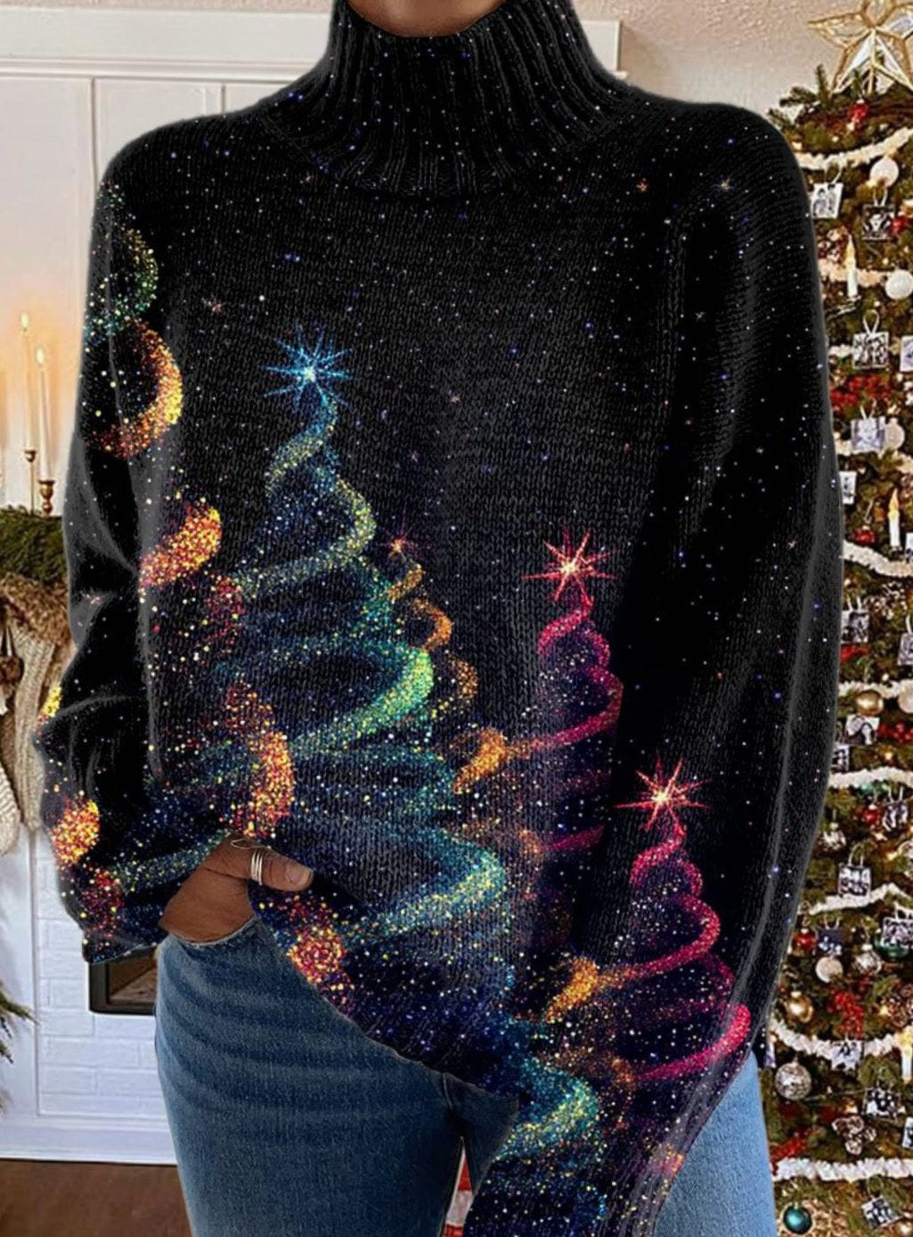 Women's Ugly Christmas Sweater – Glitter Tree and High Neck in Black/Blue/Pink