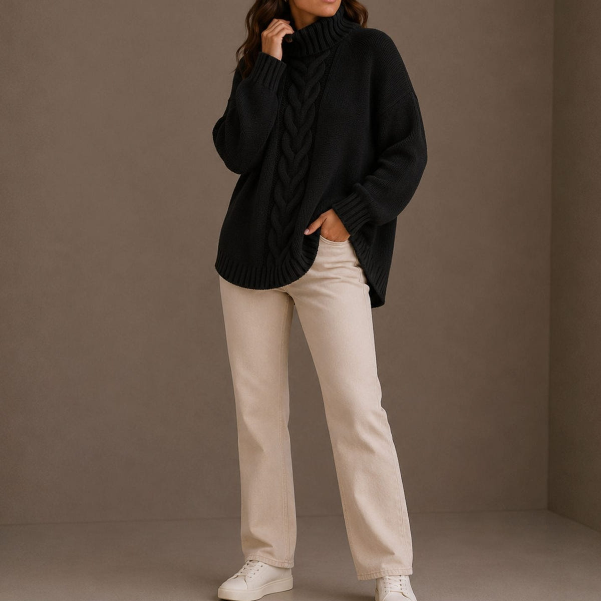 Women's Cable-Knit Turtleneck Sweater – Dropped Shoulders in Black