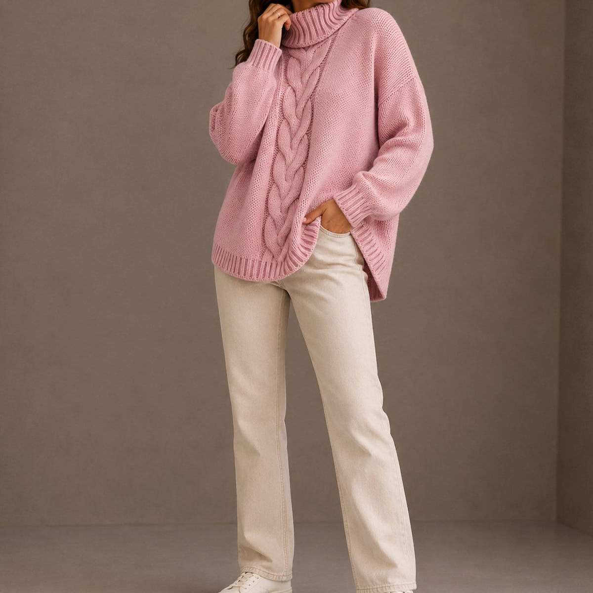 Women's Cable-Knit Turtleneck Sweater – Dropped Shoulders in Pink
