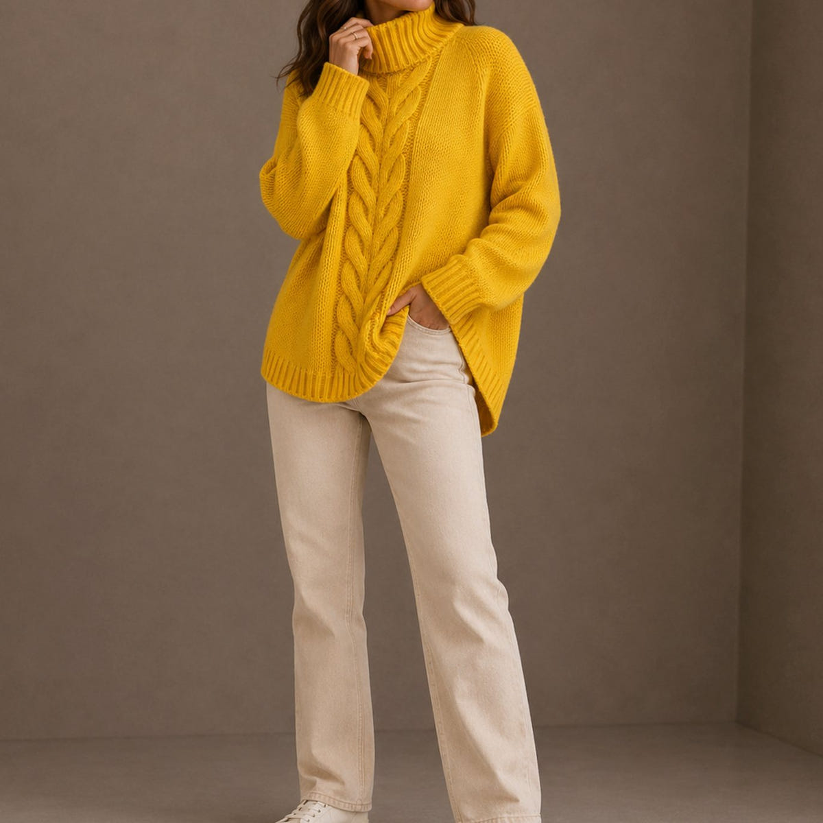 Women's Cable-Knit Turtleneck Sweater – Dropped Shoulders in Yellow
