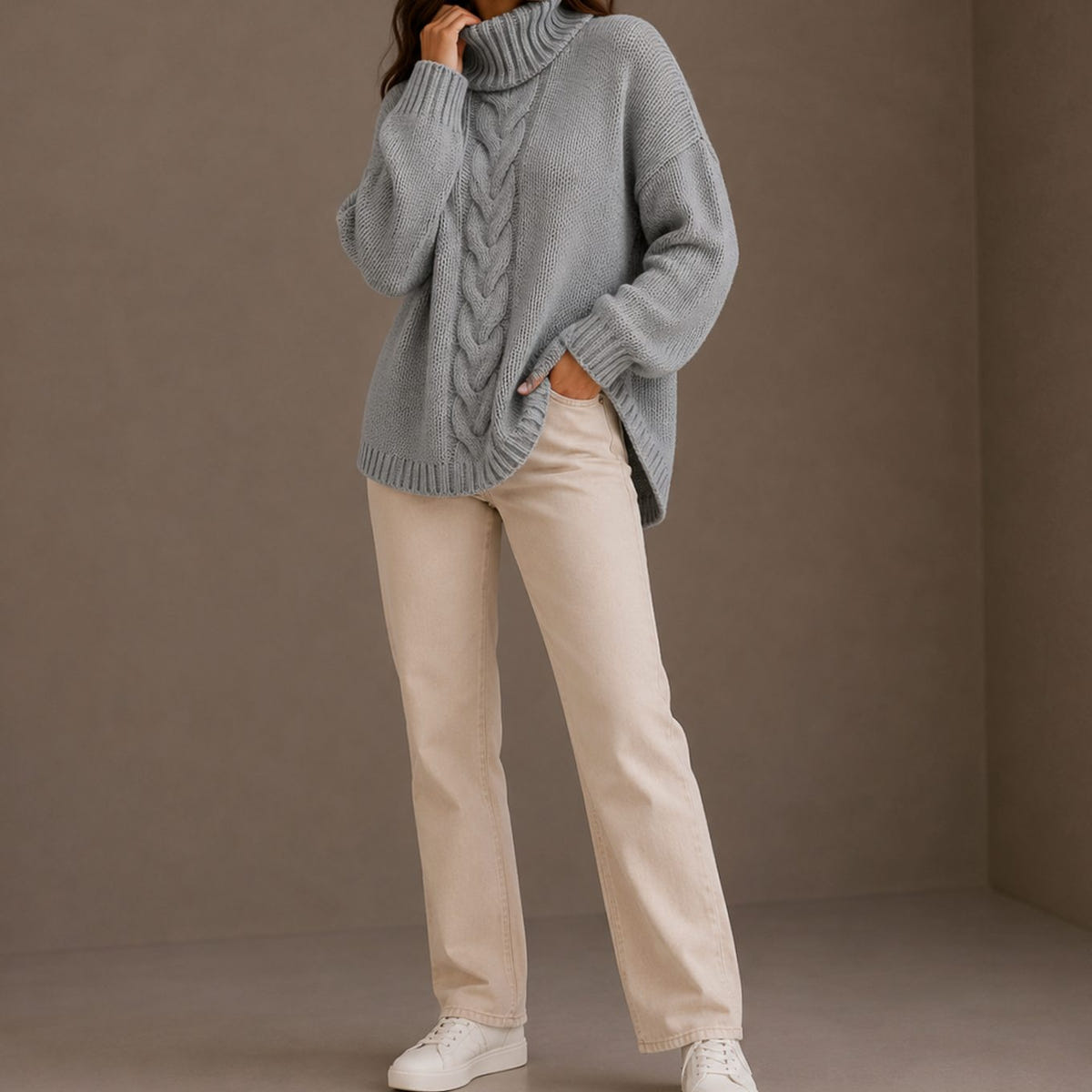 Women's Cable-Knit Turtleneck Sweater – Dropped Shoulders in Gray