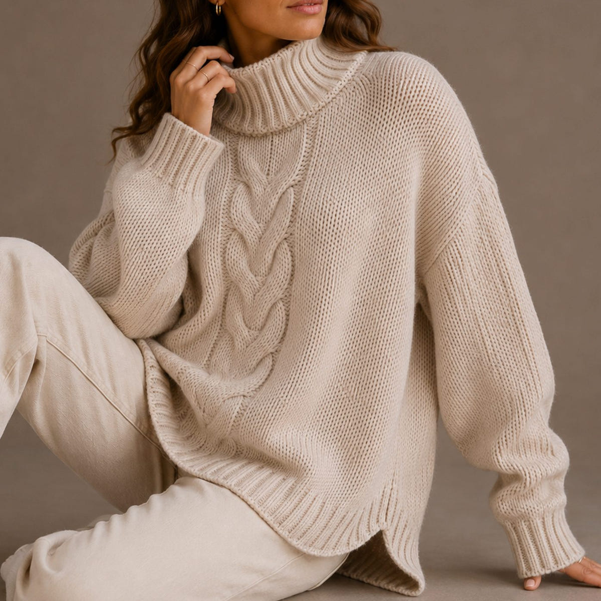 Women's Cable-Knit Turtleneck Sweater – Dropped Shoulders in Beige