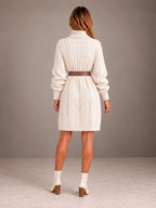 Women's Belted Cable Knit Sweater Dress – Turtleneck Balloon Sleeve in Cream, back view
