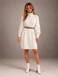 Women's Belted Cable Knit Sweater Dress – Turtleneck Balloon Sleeve in Cream, front view