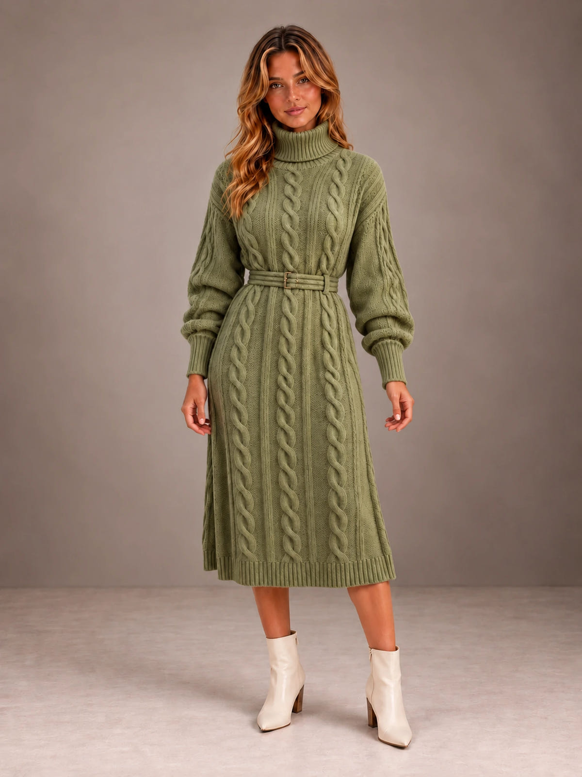 Women's Belted Cable Knit Sweater Dress – Turtleneck Balloon Sleeve in Olive, front view