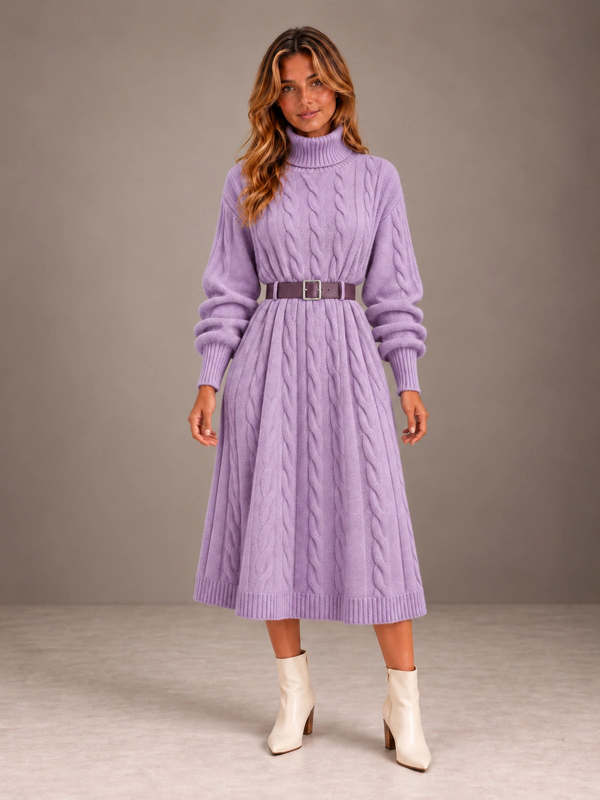 Women's Belted Cable Knit Sweater Dress – Turtleneck Balloon Sleeve in Lilac, front view