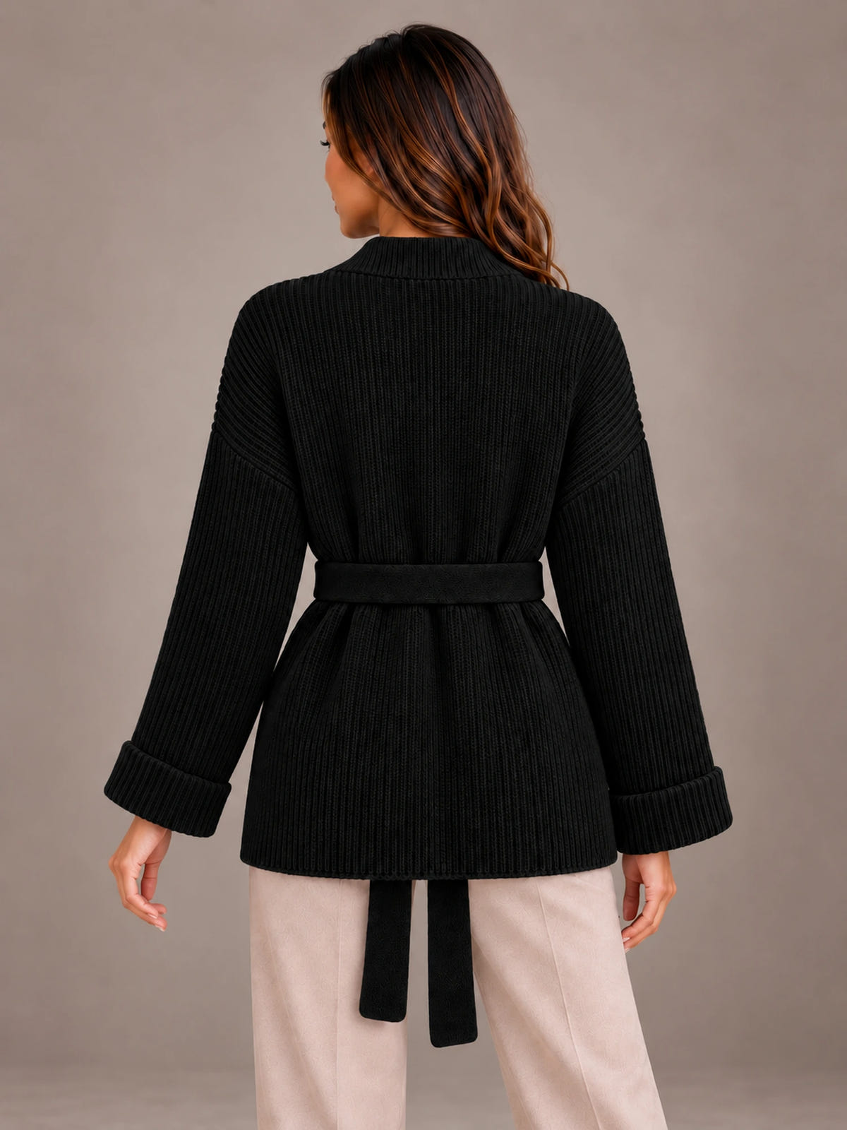 Women's Belted Wrap Cardigan – Chunky Rib Knit Shawl Collar in Black, back view