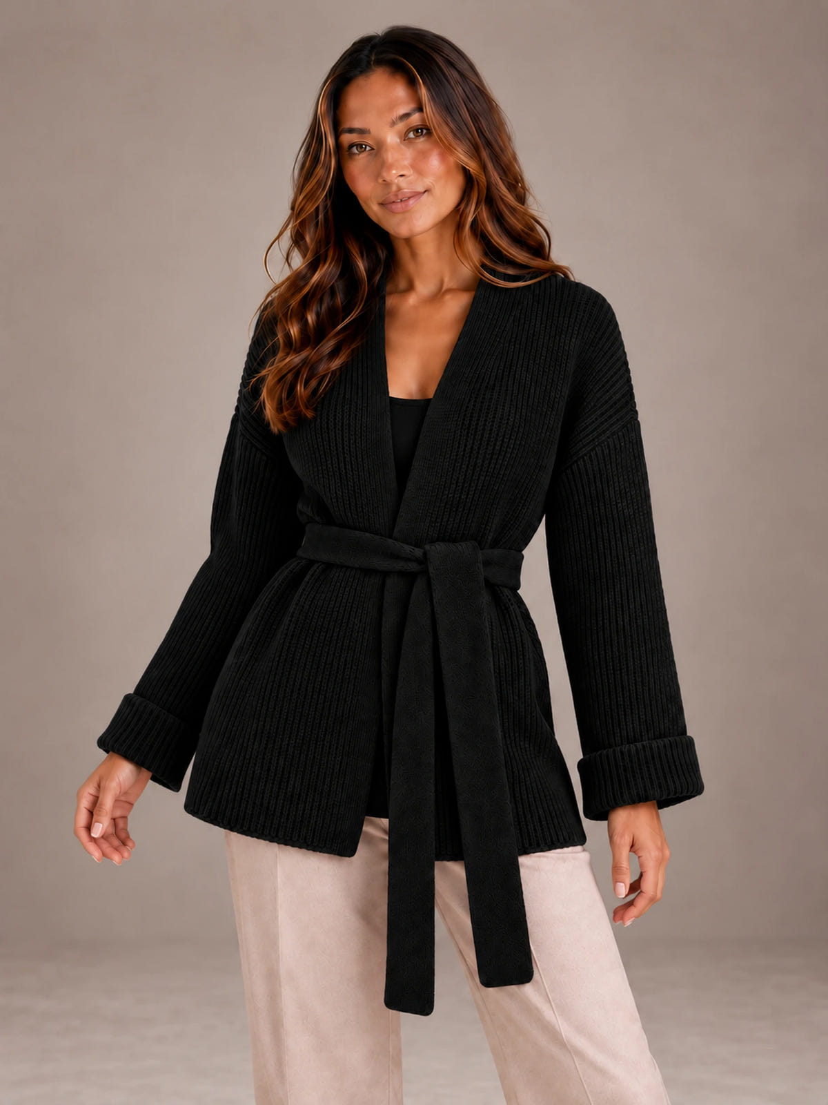 Women's Belted Wrap Cardigan – Chunky Rib Knit Shawl Collar in Black, on model view