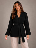 Women's Belted Wrap Cardigan – Chunky Rib Knit Shawl Collar in Black, front view