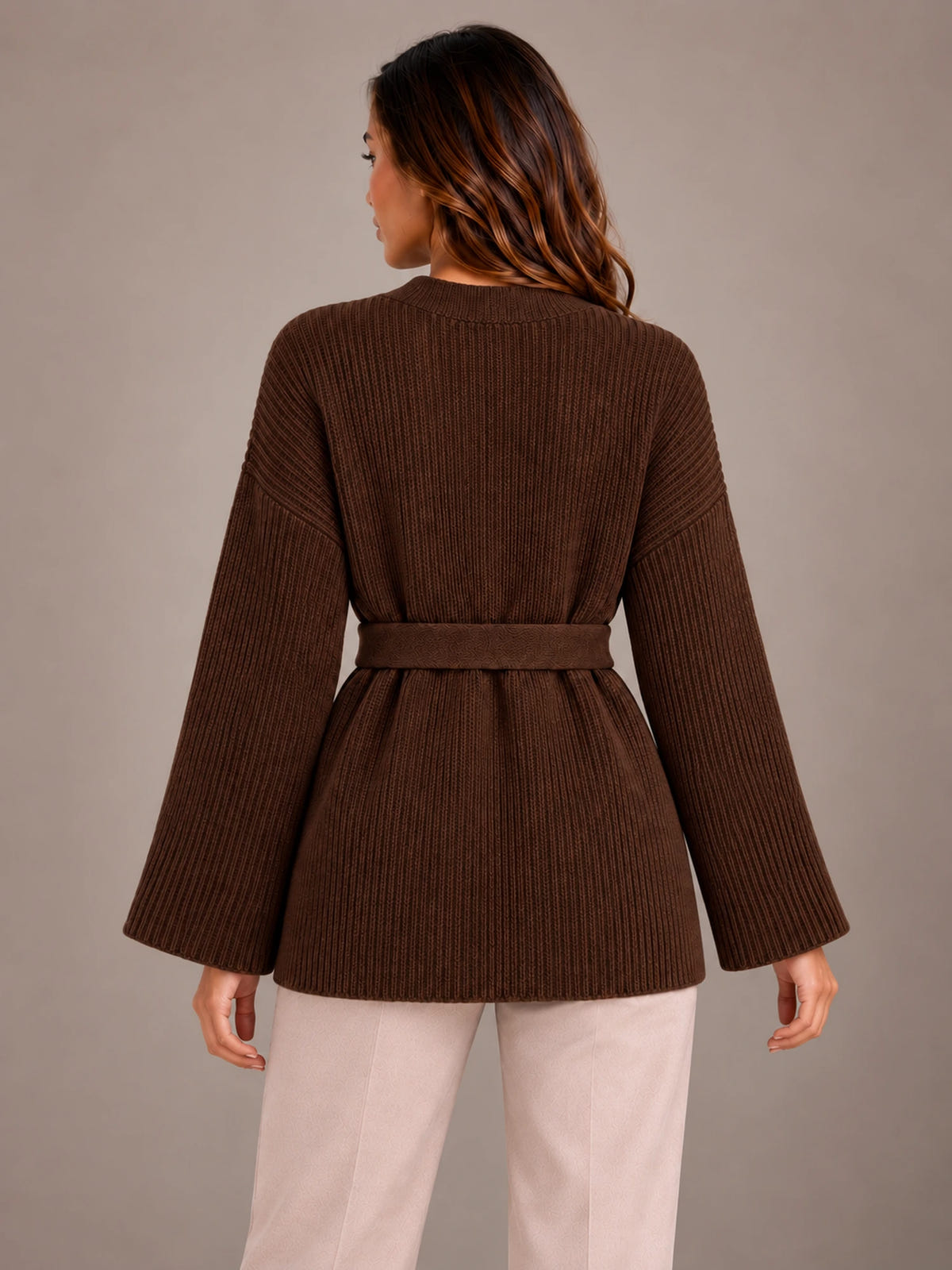 Women's Belted Wrap Cardigan – Chunky Rib Knit Shawl Collar in Chocolate, back view