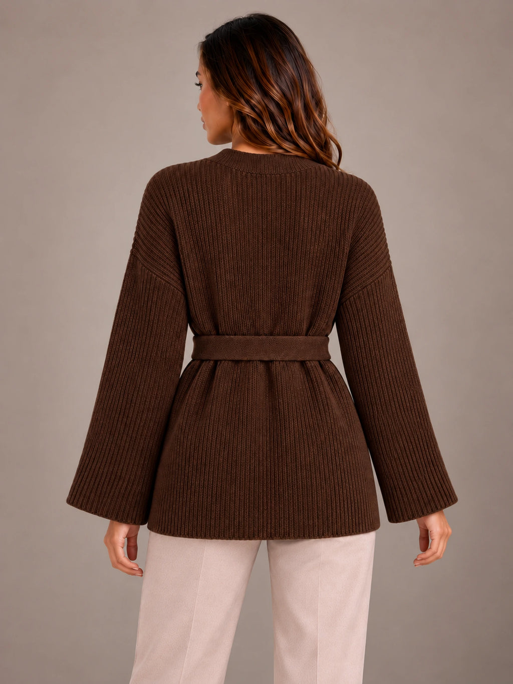 Women's Belted Wrap Cardigan – Chunky Rib Knit Shawl Collar in Chocolate, back view